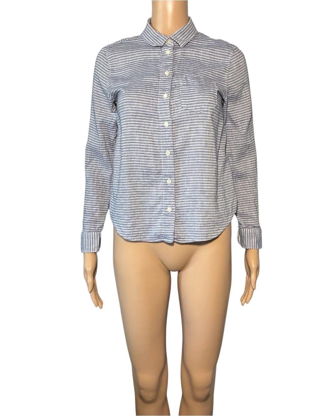 Banana Republic Quinn Boy Fit Shirt XS Petite Blue White Stripe Linen Blend